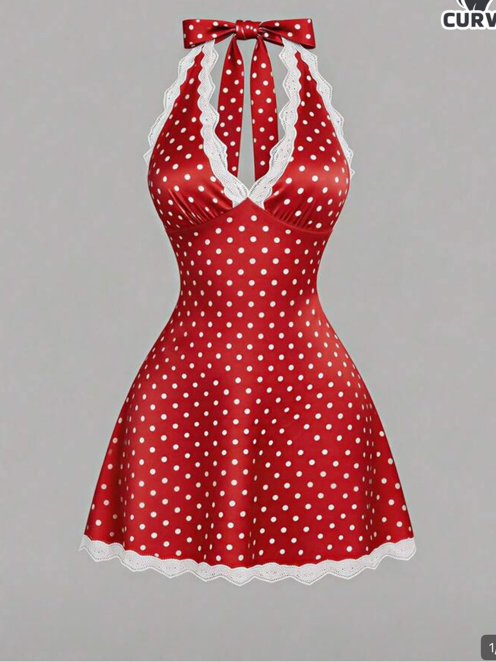 Red Polka Dot Halter Swing Dress with Lace Trim